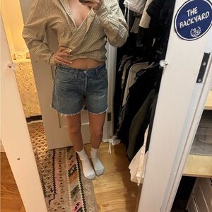 Denim Forum Light Blue Frayed-Hem Denim Shorts